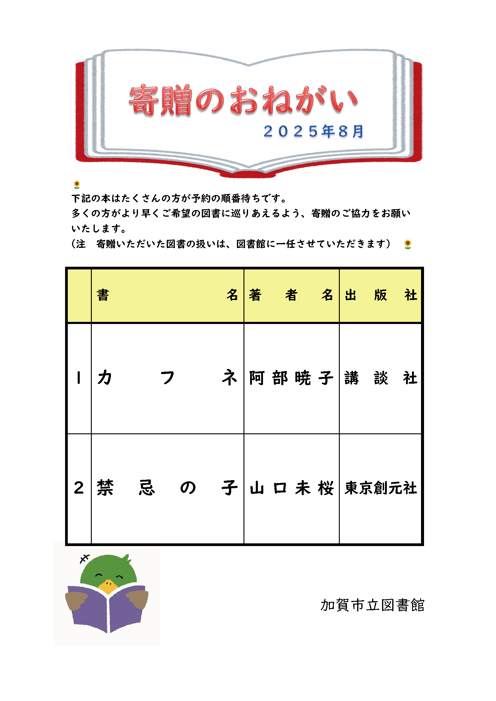 寄贈のおねがい